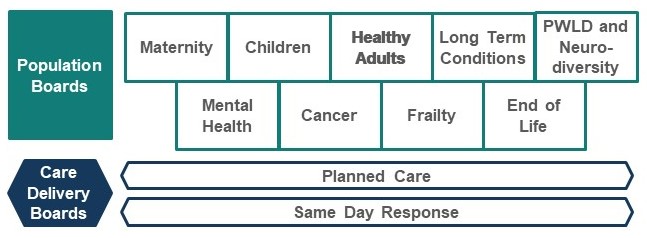 Imagine outlining the 11 different boards (9 population boards and 2 care delivery boards), which are listed below